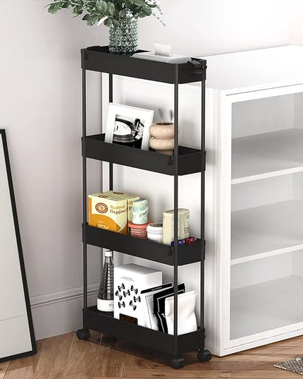 SPACELEAD Slim Storage Cart 4 Tier, Storage Organizer Rolling Utility/ Mobile Shelving Unit Slide Out Storage Cart for Office, Bathroom, Kitchen, Laundry Room & Narrow Places， Black - LeafyLoom