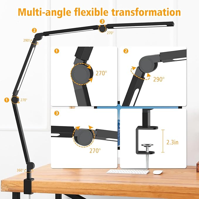 LED Desk Lamp with Clip, Multi-Angle Flexible 4-Segment 3-Light Source Office Desk Lamp, Clip-on Eye-Care 4 Color Temperature Modes&5 Brightness, Table Lamp for Home Office Studio Study Nail - LeafyLoom