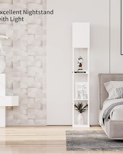 SUNMORY Shelf Floor Lamp with 3-Way Dimmable LED Bulb, Modern Square Standing Lamp with Shelves and White Shade, Corner Display Bookshelf Lamp for Living Room and Bedroom(White) - LeafyLoom