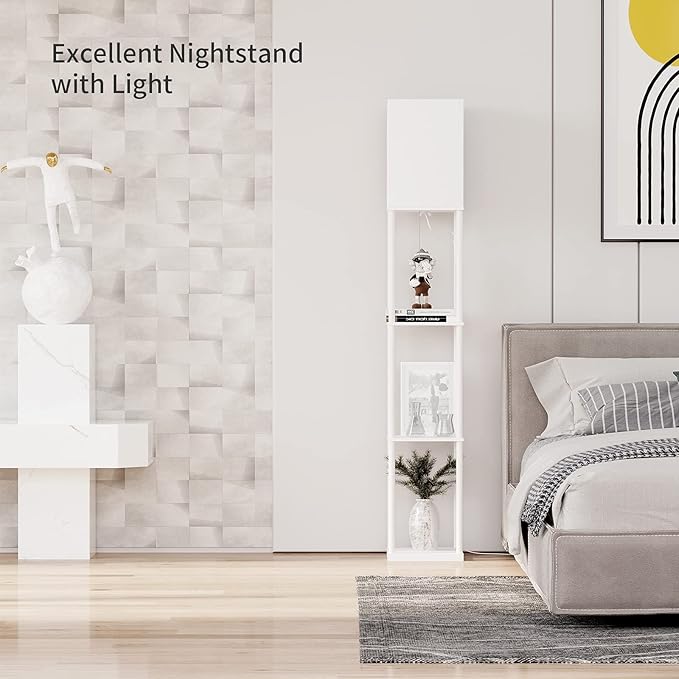 SUNMORY Shelf Floor Lamp with 3-Way Dimmable LED Bulb, Modern Square Standing Lamp with Shelves and White Shade, Corner Display Bookshelf Lamp for Living Room and Bedroom(White) - LeafyLoom