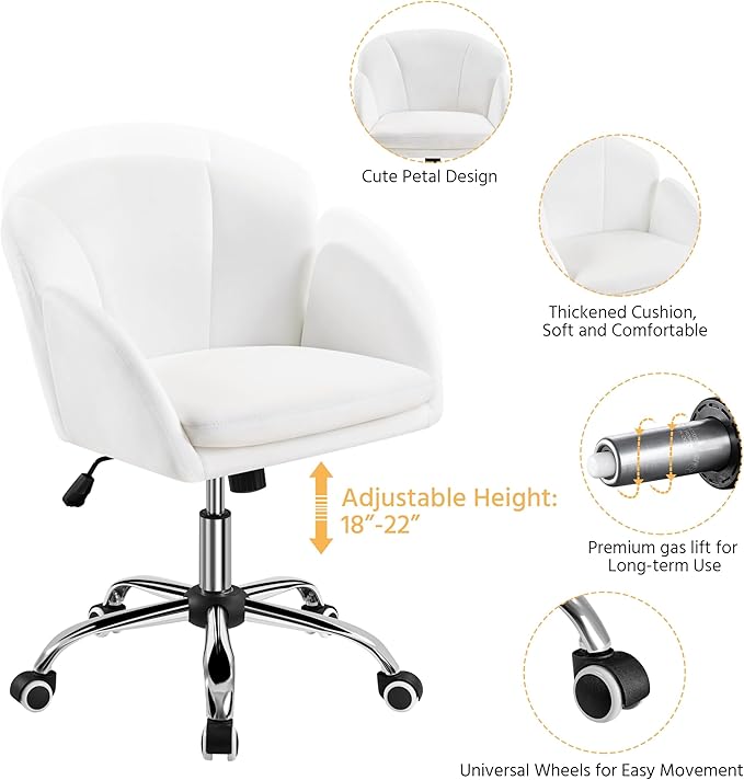 Yaheetech Cute Petal Desk Chair for Home Office, Makeup Vanity Chair Upholstered Modern Chair Adjustable Swivel Task Chair with Armrests for Work, Study, Living Room, Bedroom, Snowy - LeafyLoom