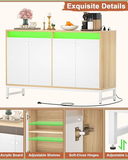 Aheaplus Sideboard Buffet Cabinet with Power Outlet, Kitchen Storage Cabinet with LED Light & Acrylic Doors, Accent Cabinet Cupboard Console Table for Dining Room, Kitchen, Hallway, Natural - LeafyLoom