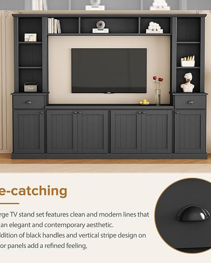 Merax Minimalist Entertainment Wall Unit Set with Bridge Ample Storage Space and Adjustable Shelves, TV Stand for Televisions Up to 75'', Modernist Large Media Console for Living Room, Black - LeafyLoom