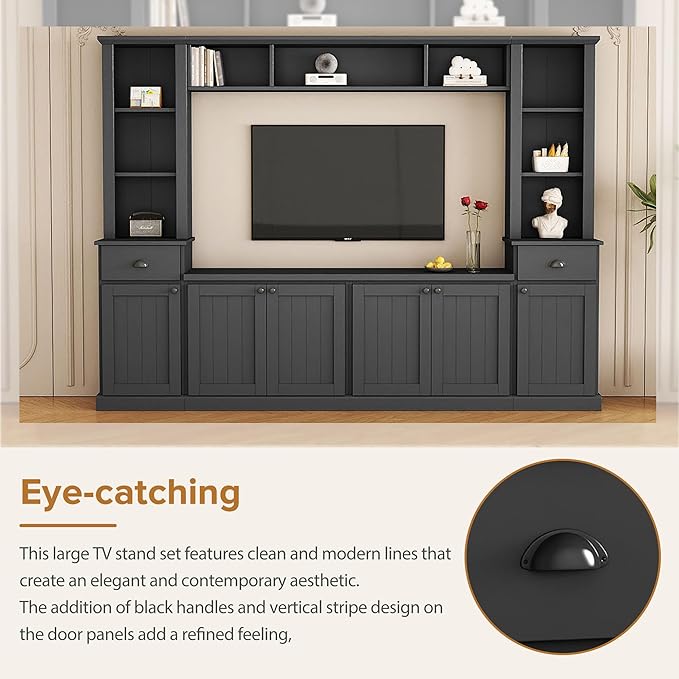 Merax Minimalist Entertainment Wall Unit Set with Bridge Ample Storage Space and Adjustable Shelves, TV Stand for Televisions Up to 75'', Modernist Large Media Console for Living Room, Black - LeafyLoom
