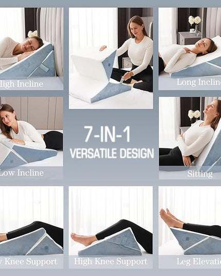 Bed Wedge Pillow for Sleeping, 9&12 Inch Adjustable Pillow Wedge Acid Reflux Pillow, 7-in-1 Memory Foam Wedge Pillow for Back Pain Relief, Gerd, Snoring - LeafyLoom