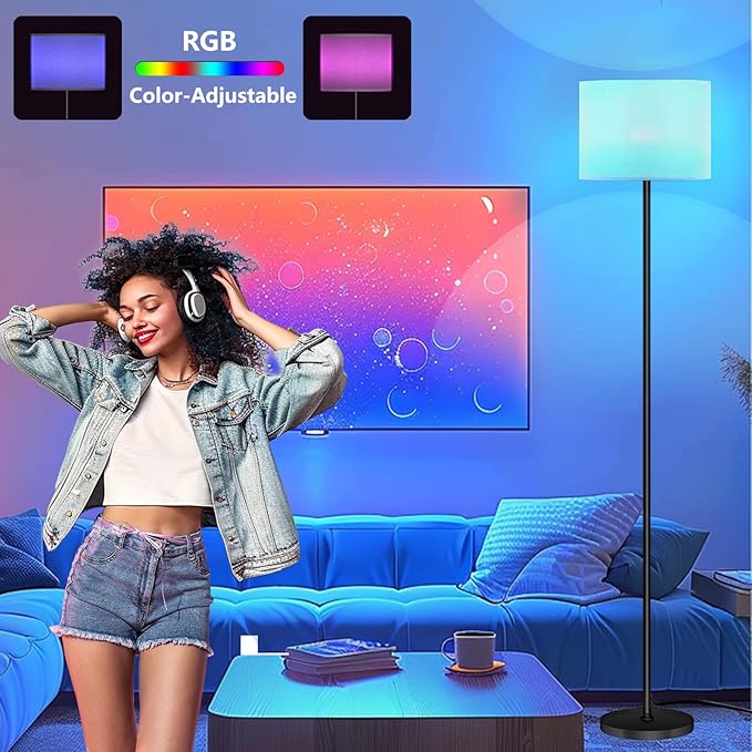 Floor Lamp for Living Room Bedroom,Modern LED Floor Lamp with Remote Control and Dimmable Standing Lamps with Foot Switch Office Kid Room,Tall Lamp,RGB 9W Bulb Included - LeafyLoom