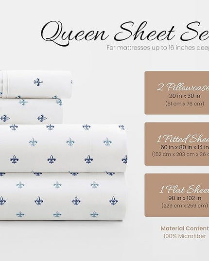 Linen Market 4 Piece Queen Bedding Sheet Set (Navy Blue Lilies) - Sleep Better Than Ever with These Ultra-Soft & Cooling Bed Sheets for Your Queen Size Bed - Deep Pocket Fits 16" Mattress - LeafyLoom