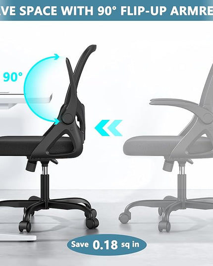 Office Desk Chair with Lumbar Support Ergonomic Mesh Office Chair with Wheels and Flip-up Armrests Adjustable Height Swivel Computer Chair for Home and Office (Black) - LeafyLoom
