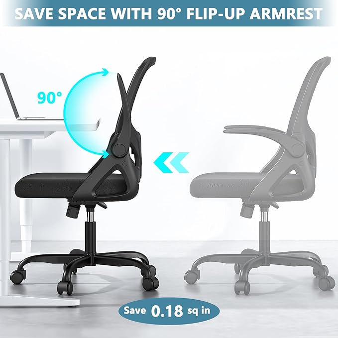 Office Desk Chair with Lumbar Support Ergonomic Mesh Office Chair with Wheels and Flip-up Armrests Adjustable Height Swivel Computer Chair for Home and Office (Black) - LeafyLoom