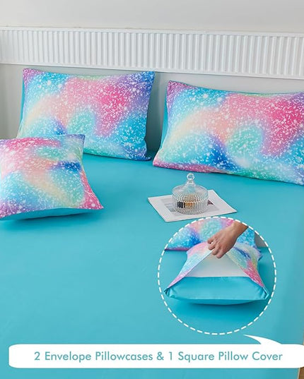 PERFEMET Rainbow Queen Girls Bedding Set, 6 Pieces Glitter Pink Green Comforter for Queen Size Bed, Colorful Tie Dye Ombre Teen Girls Bed in A Bag Comforter Set with Sheets - LeafyLoom