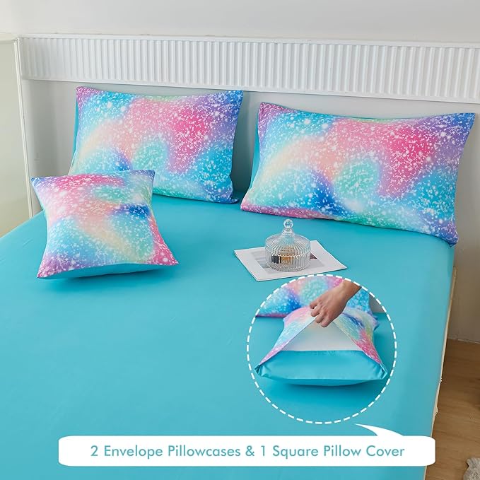 PERFEMET Full Size Comforter Sets for Kids Girls 6 Pieces Pink Green Ombre Rainbow Bedding Set Colorful Tie Dye Glitter Teen Girls Bed in A Bag - LeafyLoom