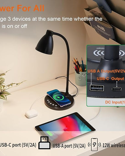 BOHON Desk Lamp for Home Office, LED Desk Light with USB C+A Charging Ports, Wireless Charger, 5 Colors Stepless Dimming Reading Light Timer, Touch Bedside Table Lamp for College Dorm Room Black - LeafyLoom