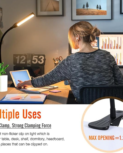 Clip on Reading Light, Clip Light, Warm & Daylight & White Light 3 Colors, Eye-Care Clamp Lamp with 10 Dimmable Illumination Modes - LeafyLoom