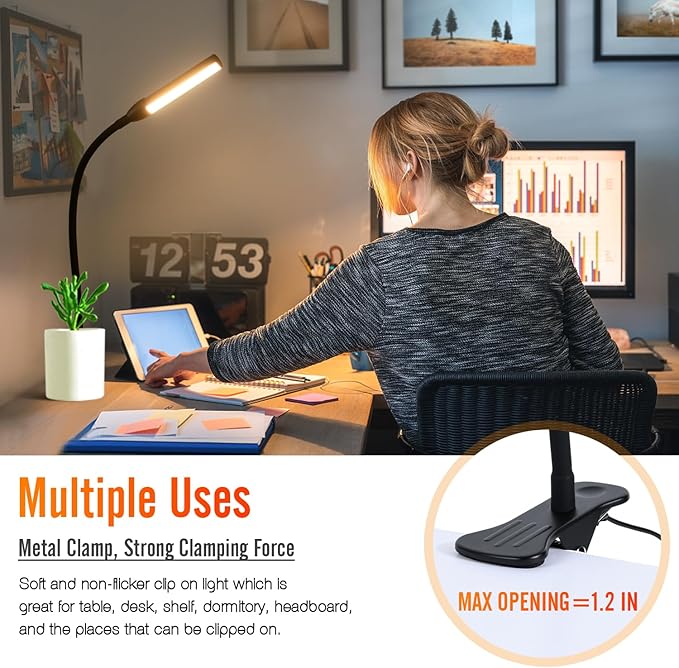 Clip on Reading Light, Clip Light, Warm & Daylight & White Light 3 Colors, Eye-Care Clamp Lamp with 10 Dimmable Illumination Modes - LeafyLoom