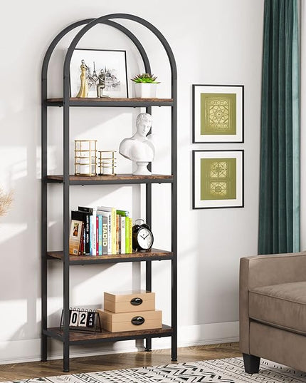 Tribesigns 4-Tier Open Bookshelf, 70.8" Industrial Arched Bookcase Storage Shelves with Metal Frame, Freestanding Display Rack Tall Shelving Unit for Office, Bedroom (Rustic Brown, 1PC) - LeafyLoom