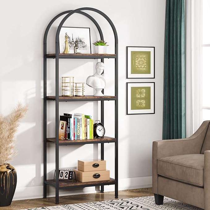 Tribesigns 4-Tier Open Bookshelf, 70.8" Industrial Arched Bookcase Storage Shelves with Metal Frame, Freestanding Display Rack Tall Shelving Unit for Office, Bedroom (Rustic Brown, 1PC) - LeafyLoom