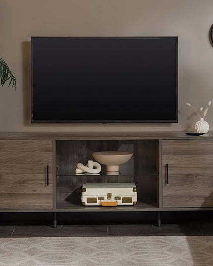 Walker Edison Saxon Mid Century Modern Glass Shelf TV Stand for TVs up to 65 Inches, 60 Inch, Slate Grey - LeafyLoom