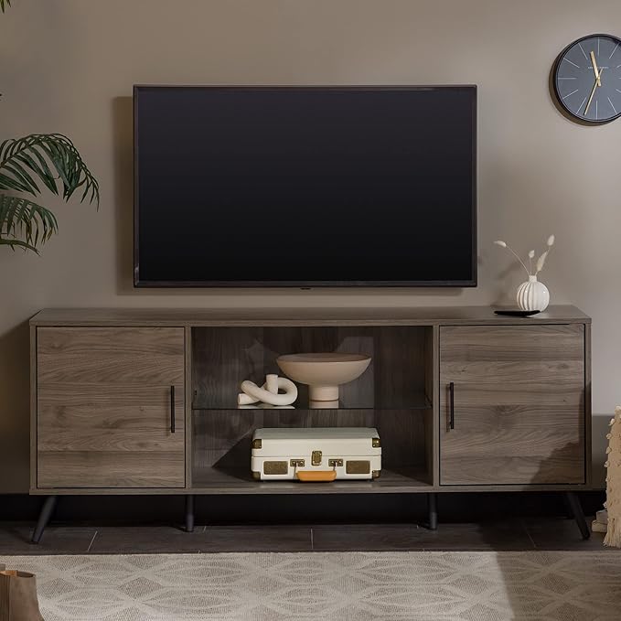 Walker Edison Saxon Mid Century Modern Glass Shelf TV Stand for TVs up to 65 Inches, 60 Inch, Slate Grey - LeafyLoom