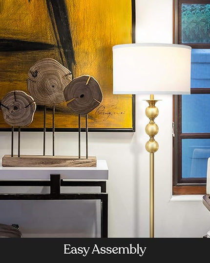 Brightech Riley LED Floor lamp, Boho Lamp for Living Rooms & Offices, Great Living Room Décor, Mid-Century Standing Lamp for Bedroom Reading, Tall Lamp with Drum Shade - Gold/Brass - LeafyLoom