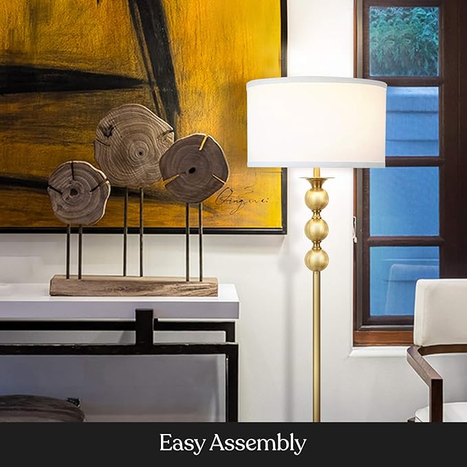 Brightech Riley LED Floor lamp, Boho Lamp for Living Rooms & Offices, Great Living Room Décor, Mid-Century Standing Lamp for Bedroom Reading, Tall Lamp with Drum Shade - Gold/Brass - LeafyLoom