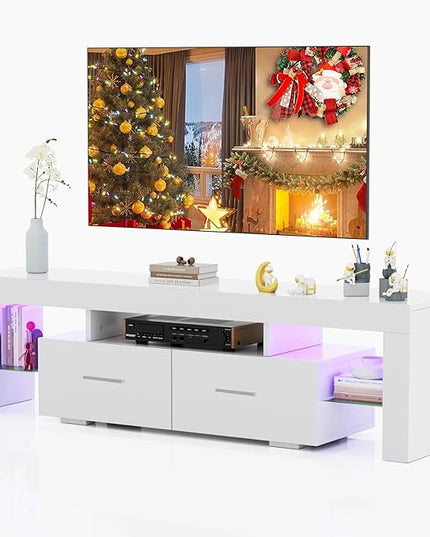 HOUAGI LED TV Stand for 50/55/60/65/70 Inch TVs,Modern Entertainment Center with Storage Drawer and Glass shelf, TV Console Table for Living room,Bedroom,White - LeafyLoom