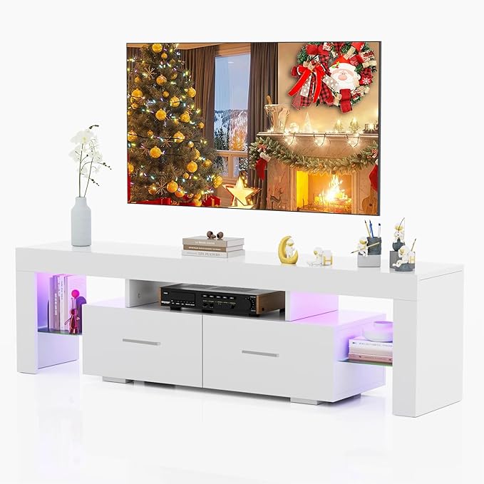 HOUAGI LED TV Stand for 50/55/60/65/70 Inch TVs,Modern Entertainment Center with Storage Drawer and Glass shelf, TV Console Table for Living room,Bedroom,White - LeafyLoom
