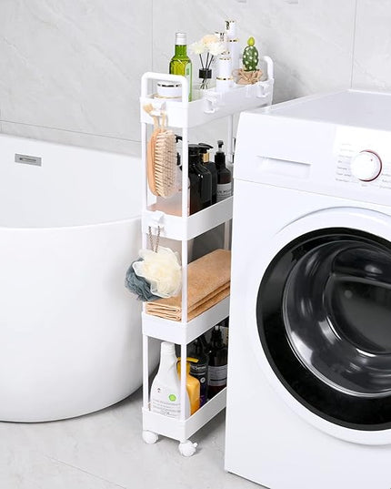 Arogan Slim Rolling Storage Cart with Wheels, 4 Tier Bathroom Storage Cart Laundry Room Organizer, Rolling Utility Cart for Kitchen, Bathroom, Laundry Room, Office, Narrow Place (White) - LeafyLoom