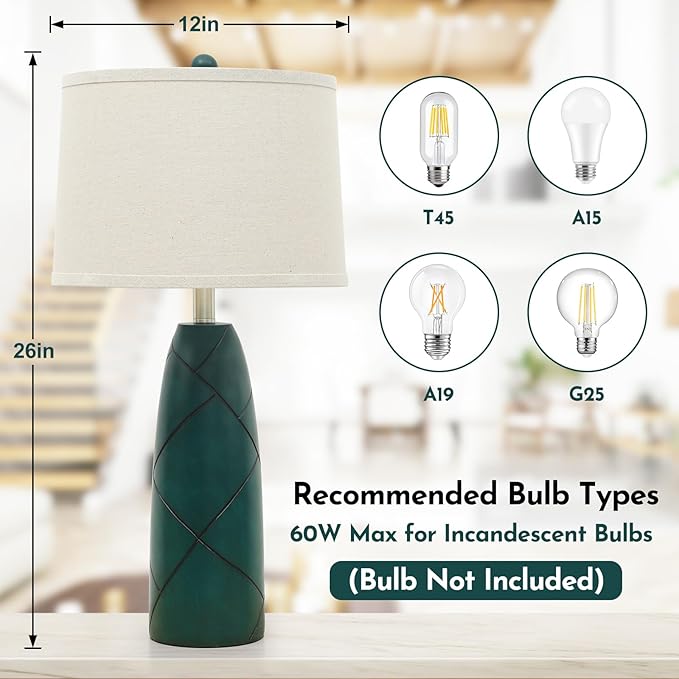 26" Tall Table Lamps for Living Room Set of 2, Modern Green Lamps for Bedrooms, Farmhouse Rustic Bedside Nightstand Lamps, Large End Table Lamps for Office Kids Room Study Room - LeafyLoom