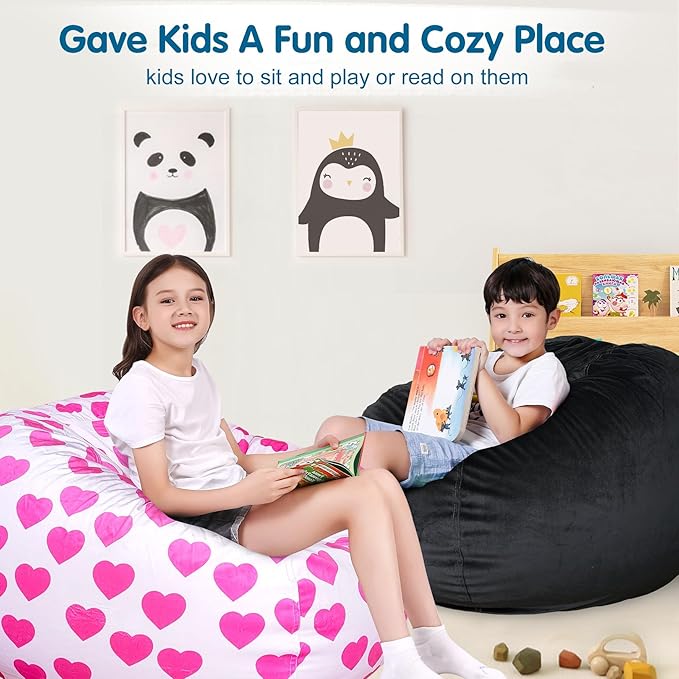 Lukeight Stuffed Animal Storage Bean Bag Chair Cover for Kids, Zipper Beanbag Chair Cover for Organizing Toddler & Kids' Rooms Plush Toys (Black, XX-Large) - LeafyLoom