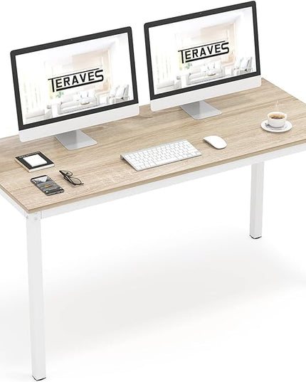 Teraves Computer Desk/Dining Table Office Desk Sturdy Writing Workstation for Home Office (47.24”, Beige + White Frame) - LeafyLoom