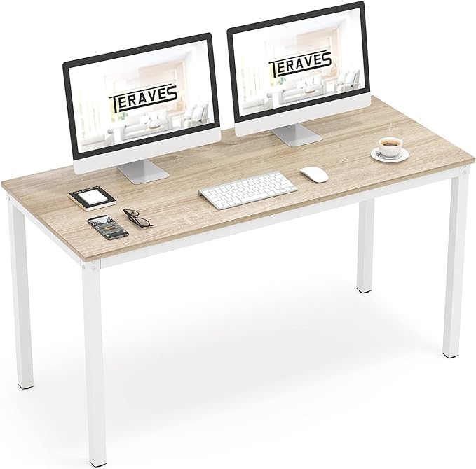 Teraves Computer Desk/Dining Table Office Desk Sturdy Writing Workstation for Home Office (47.24”, Beige + White Frame) - LeafyLoom