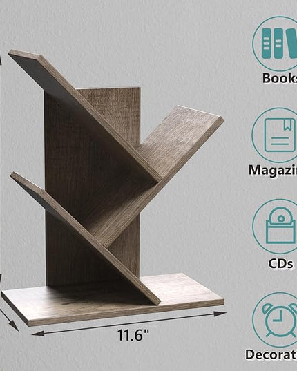 3 Tier Small Tree Bookshelf Storage Organizer Shelves Floor Standing Bookcase Desk Wood Storage Rack for Home Office Living Room Bedroom Display for Book Magazine CD manga Oak Grey - LeafyLoom