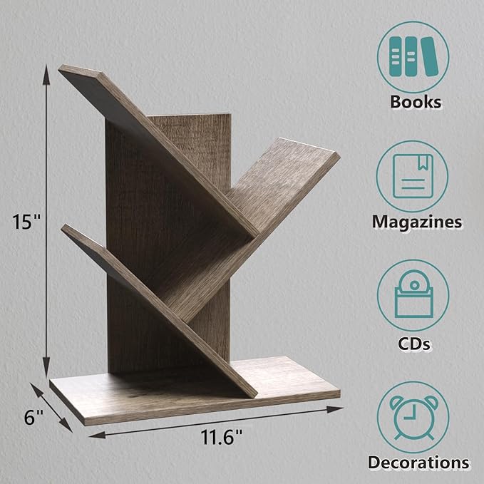 3 Tier Small Tree Bookshelf Storage Organizer Shelves Floor Standing Bookcase Desk Wood Storage Rack for Home Office Living Room Bedroom Display for Book Magazine CD manga Oak Grey - LeafyLoom