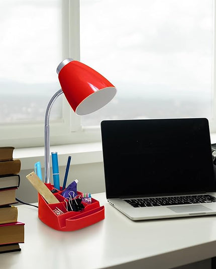 Simple Designs LD1067-RED Compartmental Desk Lamp with iPhone/iPad/Tablet Stand, Bendable Gooseneck, for Office, Living Room, Nightstand, Library, Entryway, Red - LeafyLoom