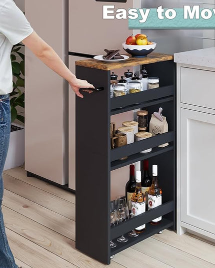 MARTY Rolling Storage Cart 7.9" W, 4-Tier Black Kitchen Cart on Wheels, Slim Storage Cart with Handle for Laundry Narrow Places Bathroom Small Corner - LeafyLoom