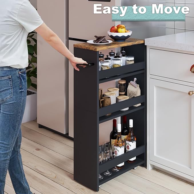 MARTY Rolling Storage Cart 7.9" W, 4-Tier Black Kitchen Cart on Wheels, Slim Storage Cart with Handle for Laundry Narrow Places Bathroom Small Corner - LeafyLoom