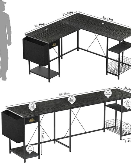 X-cosrack 88.5inch Large L-Shaped Computer Desk with Storage Shelves Drawer, Home Office Writing Corner Desk, 2 Person Long Desk PC Laptop Workstation with Hooks Storage Bag Cable Hole-Black - LeafyLoom