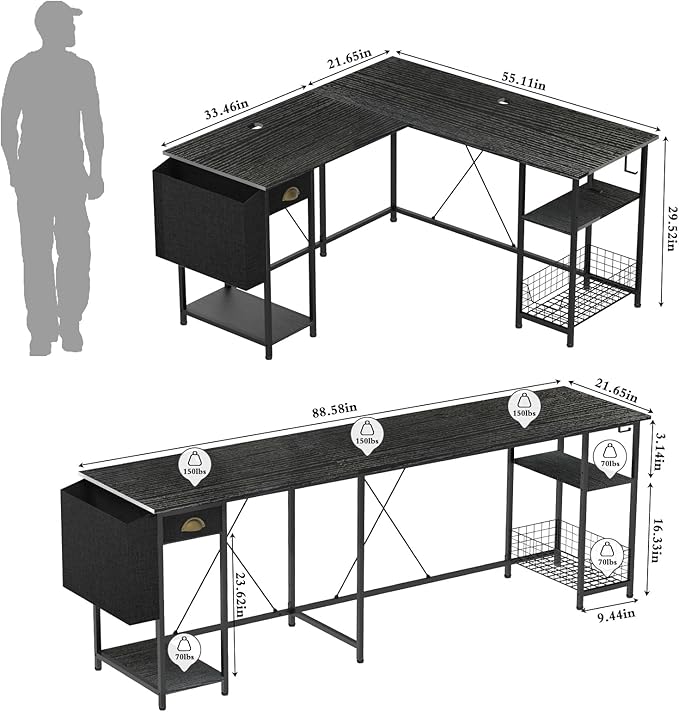 X-cosrack 88.5inch Large L-Shaped Computer Desk with Storage Shelves Drawer, Home Office Writing Corner Desk, 2 Person Long Desk PC Laptop Workstation with Hooks Storage Bag Cable Hole-Black - LeafyLoom