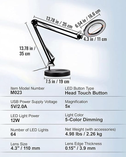 VEVOR 5X Magnifying Glass with Light and Stand, 【Upgraded】 5 Color Modes Stepless Dimmable, 4.3" Glass Lens Magnifier Desk lamp, 2-in-1 Magnifying Light and Stand for Crafts, Reading, Close Work - LeafyLoom