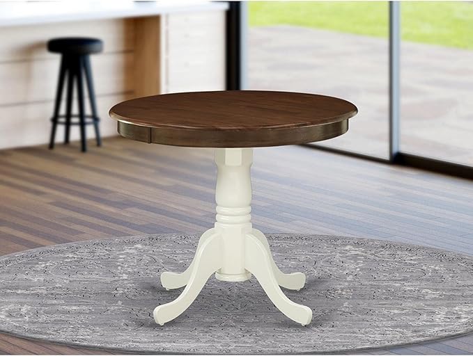 East West Furniture Antique Kitchen Dining Round Wooden Table Top with Pedestal Base, 36x36 Inch, Walnut & Linen White - LeafyLoom