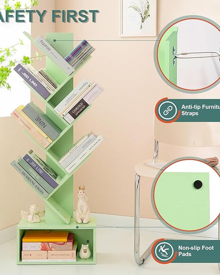 Yoobure Tree Bookshelf - 6 Shelf Retro Floor Standing Bookcase, Tall Wood Book Storage Rack for CDs/Movies/Books, Utility Book Organizer Shelves for Bedroom, Living Room, Home Office Green - LeafyLoom