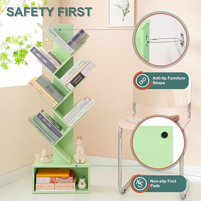 Yoobure Tree Bookshelf - 6 Shelf Retro Floor Standing Bookcase, Tall Wood Book Storage Rack for CDs/Movies/Books, Utility Book Organizer Shelves for Bedroom, Living Room, Home Office Green - LeafyLoom