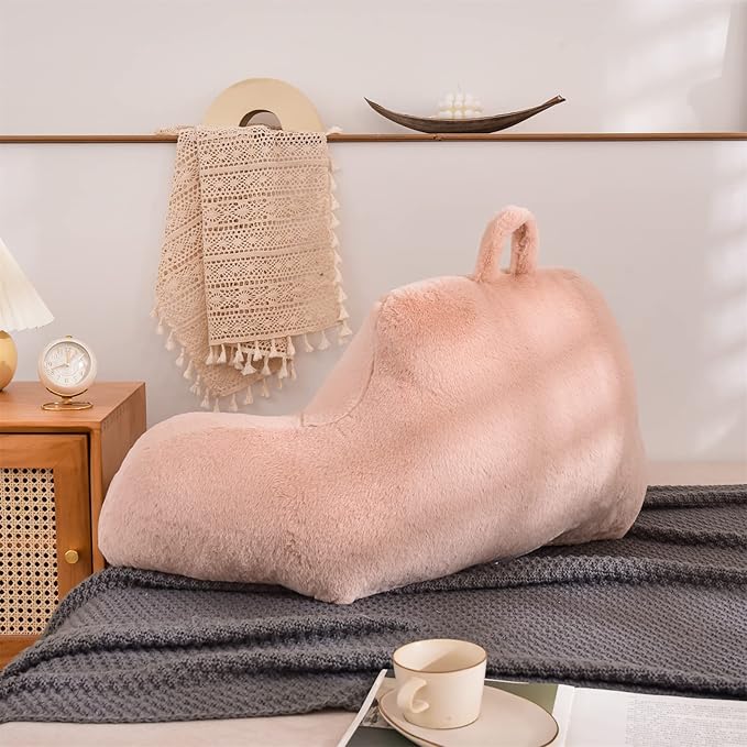 A Nice Night Faux Fur Soft Reading Pillow Bed Wedge Adult Backrest with Arms Back Support for Sitting Up in Bed/Couch for Bedrest,Pink,Large - LeafyLoom