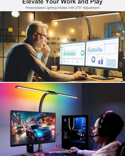 RGB Double Swing Arm Desk Lamp - 24W Ultra Bright Auto Dimming Desk Light, Multi-Angle Adjustment, Touch Control Desktop Lamp- Ideal for Home Office, Gaming, Reading, Work - LeafyLoom