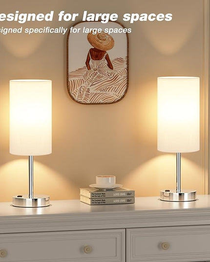Touch Bedside Lamp - White, 3-Way Dimmable, USB A + C Charging, AC Outlet, 17.4inch Medium - LeafyLoom
