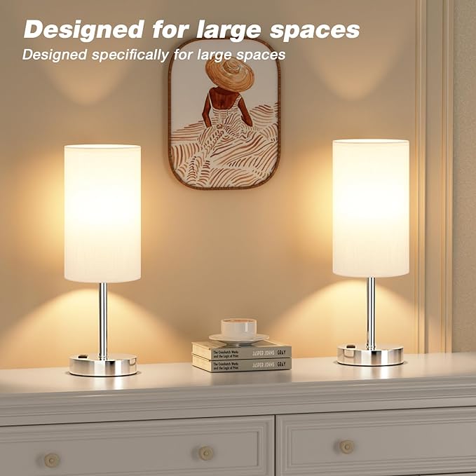 Touch Bedside Lamp - White, 3-Way Dimmable, USB A + C Charging, AC Outlet, 17.4inch Medium - LeafyLoom