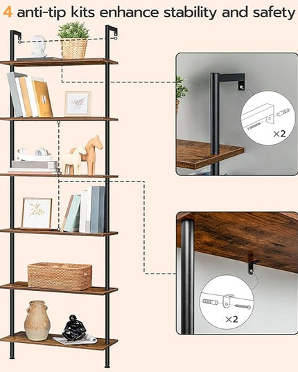 HOOBRO DIY Ladder Shelf, 6-Tier Wall Mounted Bookshelf, Office Vertical Bookcase, Wooden Storage Shelves for Home Office, Bedroom, Rustic Brown and Black BF65CJ01 - LeafyLoom