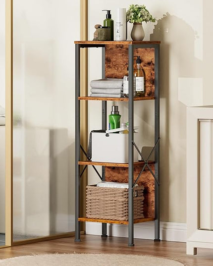 Furologee 4 Tier Small Bookshelf with Back, Short Narrow Bookcase with Shelves, Industrial Freestanding Shelf Units, Metal and Wooden Display Storage Rack for Bedroom, Living Room, Office, Entryway - LeafyLoom