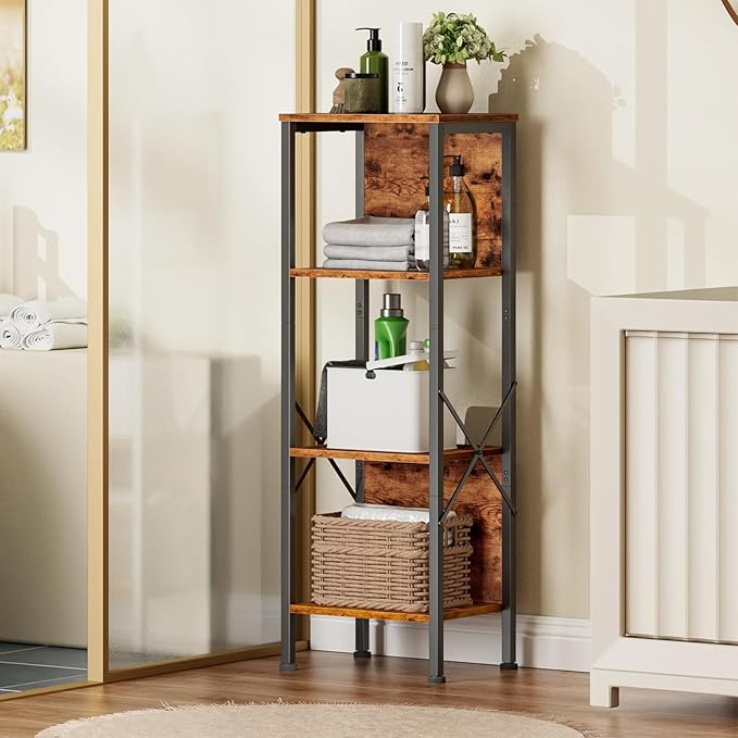Furologee 4 Tier Small Bookshelf with Back, Short Narrow Bookcase with Shelves, Industrial Freestanding Shelf Units, Metal and Wooden Display Storage Rack for Bedroom, Living Room, Office, Entryway - LeafyLoom