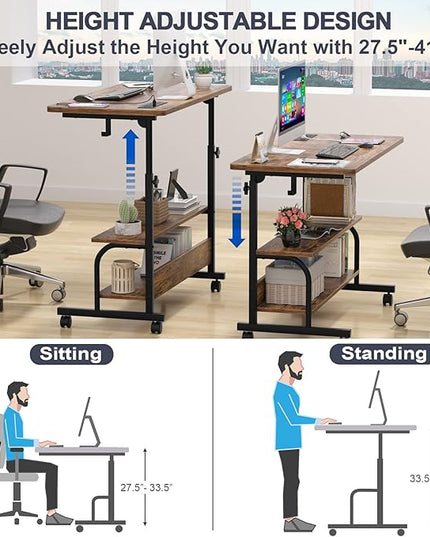 Height Adjustable Standing Desk with Power Outlets, 32" Manual Stand Up Desk with Storage Shelves Small Mobile Rolling Computer Desk Portable Laptop Table with Wheels for Home Office, Rustic - LeafyLoom